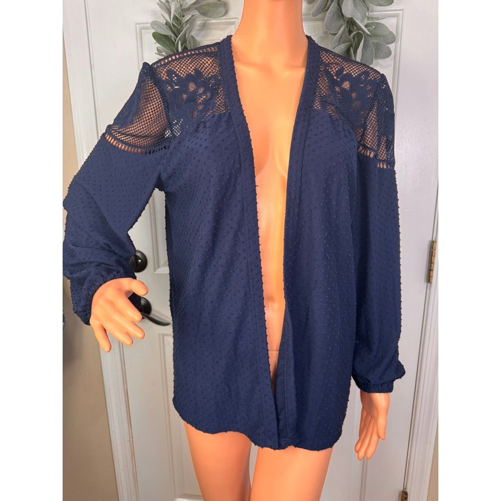 Maurices Navy Blue Lace Yoke Swiss Dot Open Front Blouse Size L